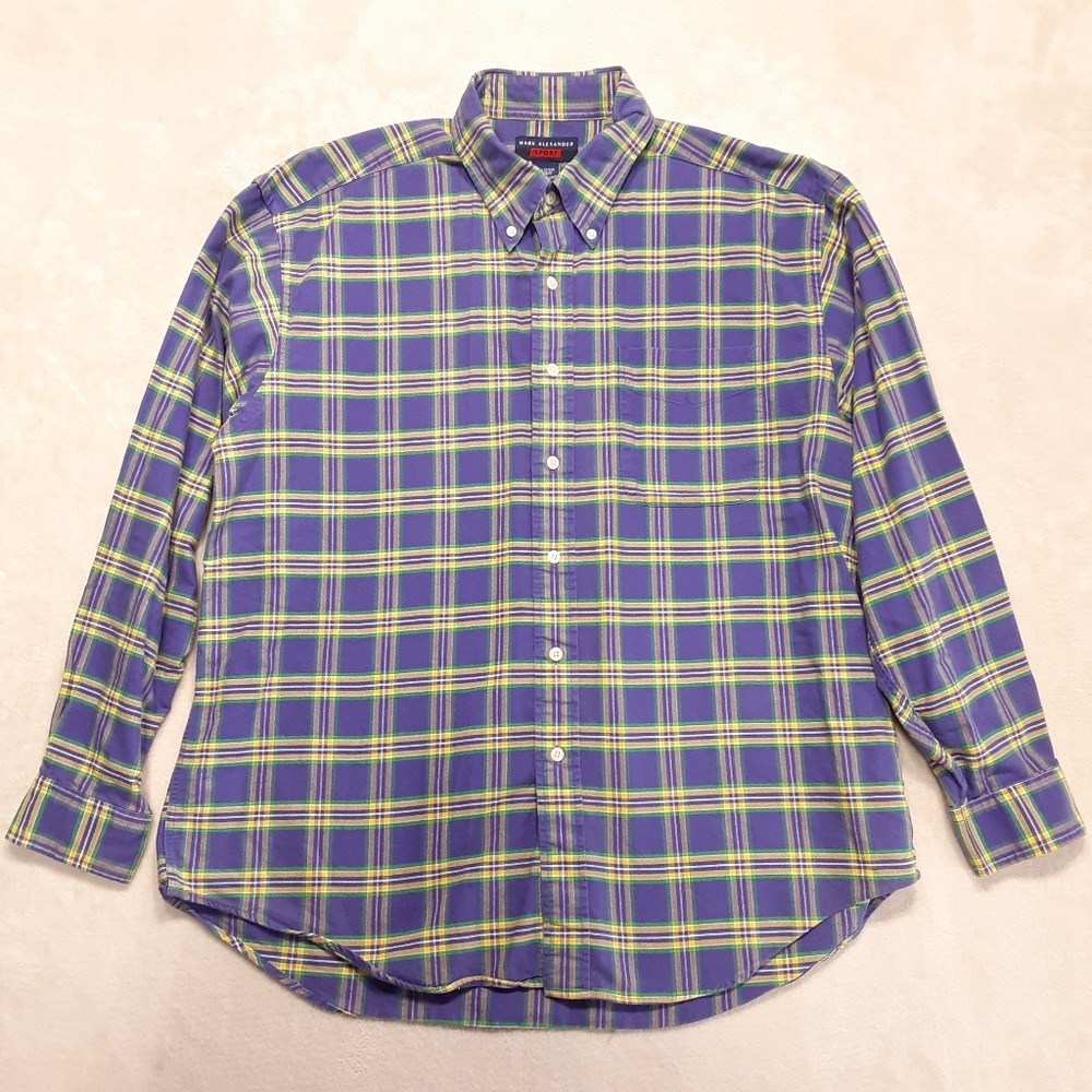 Mark Alexander Sport Mens LS Button Down Shirt Large Purple Green Yellow Plaid